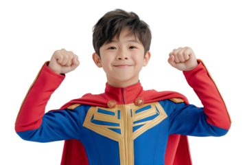 cheerful Asian boy in superhero costume posing with fists raised isolated on transparent white background