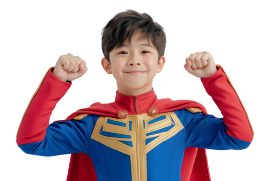 cheerful Asian boy in superhero costume posing with fists raised isolated on transparent white background