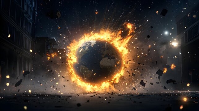 Fiery Apocalyptic Explosion Engulfing a Planet Representing Climate Change and Extreme Heat  The image depicts a dramatic celestial scene of a planet being consumed by a massive