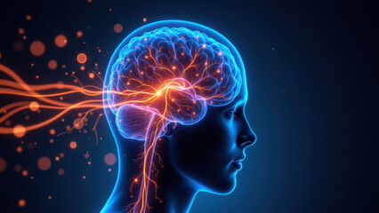 Fototapeta premium Vagus Nerve Stimulation - Neurons firing during treatment with blue and orange hues.