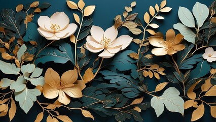 Elegant Green Summer Background with Golden Metallic Wall Art - Vector Design