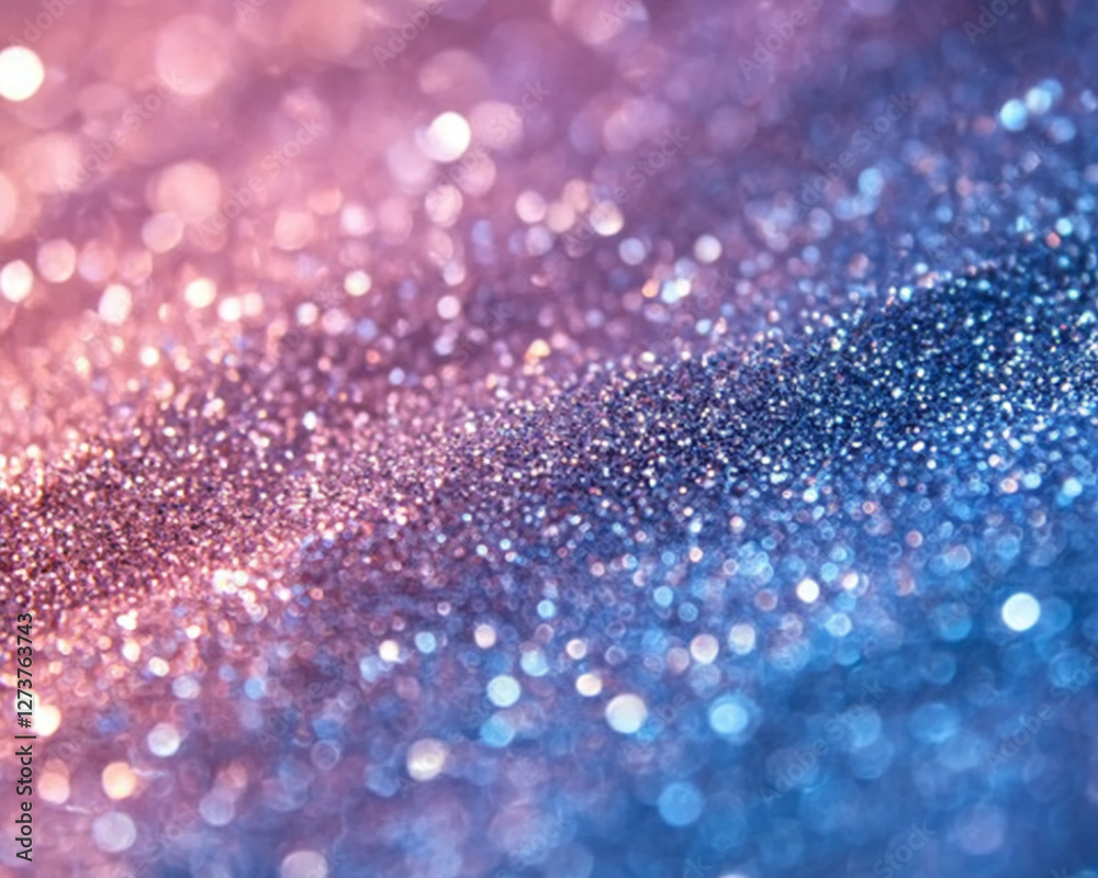 Poster close-up of vibrant glitter particles in shades of pink and blue, creating a soft, dreamy bokeh effe