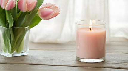 soft pink scented candle glowing gently beside fresh tulips