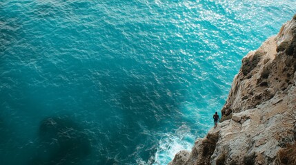 Ocean cliff hiker turquoise water. AI generated