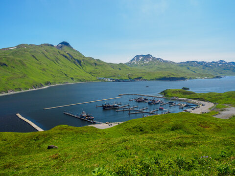 High angle view of boats moored at Dutch Harbor