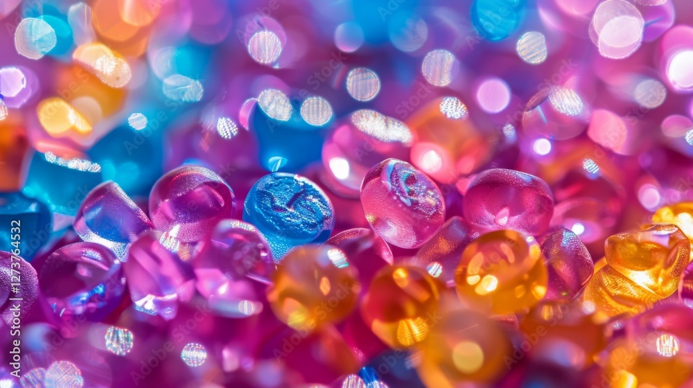 Aufkleber Vibrant glass beads in various colors are scattered across a surface, reflecting light and creating a dazzling display of hues that captures attention and adds charm.