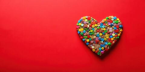 Fototapeta premium Colorful heart shape decorative element on a bright red background , colorful, decorative