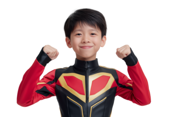 cheerful Asian boy in superhero costume posing with fists raised isolated on transparent white background