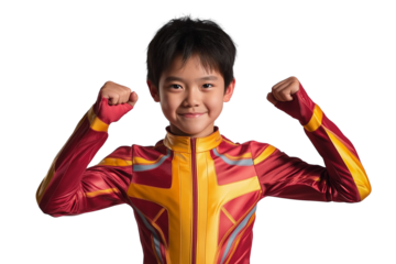cheerful Asian boy in superhero costume posing with fists raised isolated on transparent white background