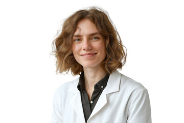 confident Caucasian woman in lab coat smiling isolated on transparent white background