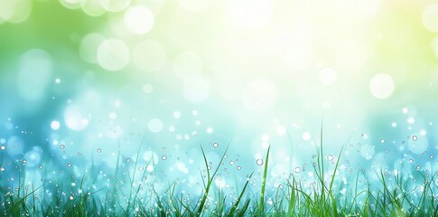 Obraz premium A stunning wide-angle shot captures the lush green grass in close-up, bathed in the dew or rain droplets of an early spring or summer morning, with soft light bokeh from the sun
