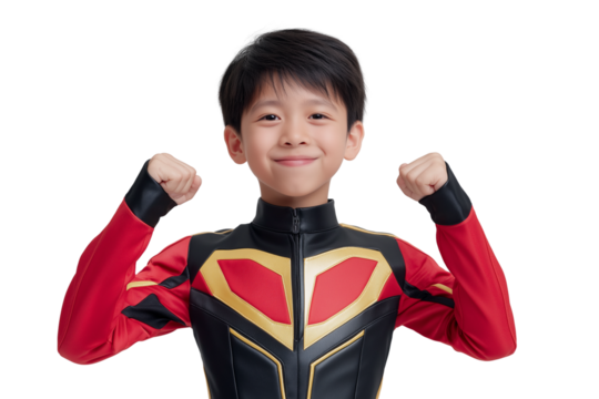 cheerful Asian boy in superhero costume posing with fists raised isolated on transparent white background