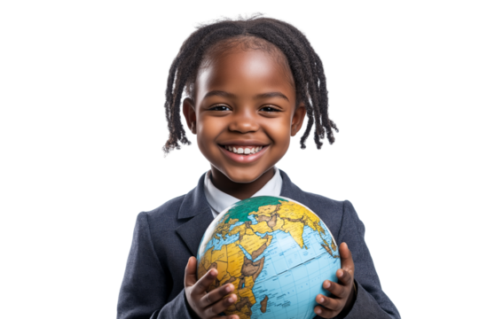 happy African girl in school uniform holding globe and smiling isolated on transparent white background