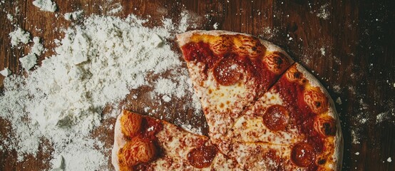 An overhead view of a mouthwatering four cheese pizza on a wooden background, perfect for menu recipes or pizza delivery ideas with space for extra content