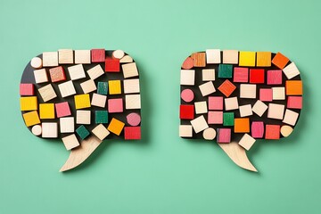 The concept of inclusive language is illustrated by colorful cubes and speech bubbles