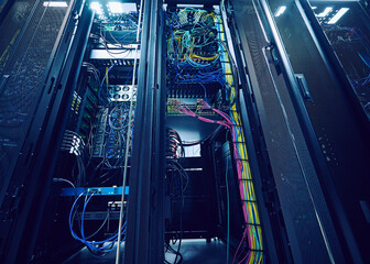 Hard drives and cables in data center