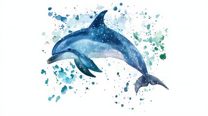 Obraz premium Gliding dolphin leaping through a splash of vivid watercolor hues blending cerulean blues soft teals and hints of white foam for a dynamic energetic ocean scene