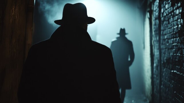A detective tracking a suspect through a dark alley. Featuring pursuit and tension