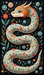 Obraz premium Colorful floral dragon illustration, blending whimsy and nature, perfect for creative projects, branding, or product designs.