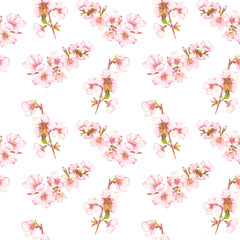 Seamless pattern of hand-drawn watercolor illustration of fruit tree blossom with bees on flowers. Theme of farming, spring, bees, apiary, honey. Ideal for seasonal holidays, wedding, children's theme