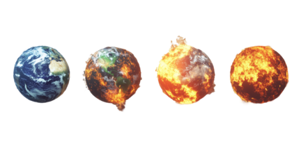 A set of four images depicting the Earth melting and burning, isolated on a white background with a clipping path.