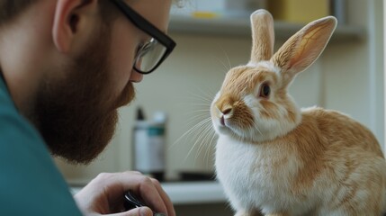 A veterinarian carefully examining a fluffy rabbit. The interaction between human and animal is filled with compassion. Pets deserve our best care. Generative AI