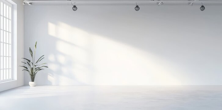 The setup of a professional photography studio typically includes a white cyc wall, overhead lighting, and soft shadows