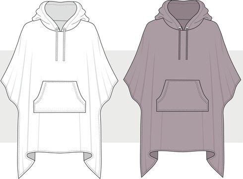 women's and kids hooded poncho top with kangaroo pocket, fashion flat sketch vector illustration, technical drawing template. cad mockup.