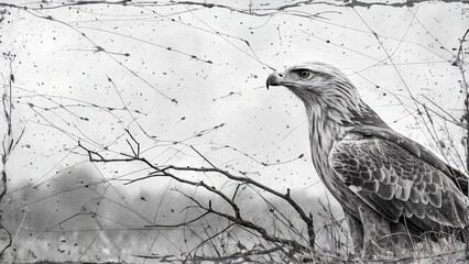 Fototapeta premium Eagle perched on branch, monochrome, textured background