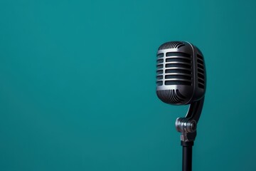 A shiny vintage microphone stands prominently against a teal background