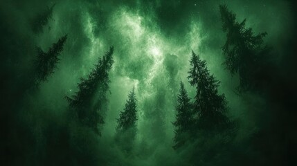 mystical forest, glowing green nebula, dark, ominous, night, trees, outer space, stars, cosmic, fantasy, surreal, atmosphere, dark, green, nature
