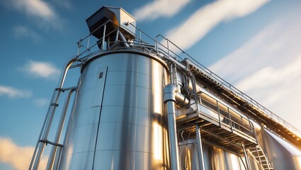 Modern stainless steel silo at a processing facility during golden hour with blue sky and wispy clouds