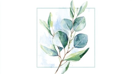 Watercolor square frame with eucalyptus and leaves. Hand drawn botanical illustration isolated on white background. Can be used for logo design, as invitation card for wedding, birthday.