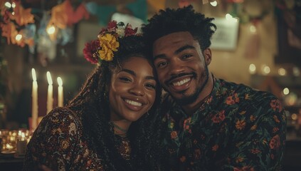 A vibrant scene with colorful decorations and traditional attire creates a joyful mood during the Kwanzaa harvest celebration
