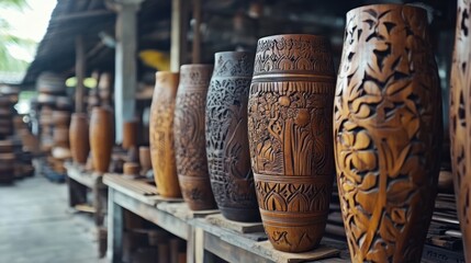 Intricately Carved Wooden Vases in Bali
