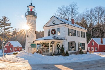 Nubble Light lighthouse, located in York Beach, Maine, USA, during dusk