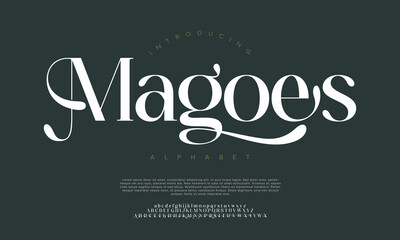 Mangoes, Beauty modern luxury font alphabet logo. Typography minimal fashion elegant classic letter serif italic fonts decorative wedding vintage retro logos on green background. vector illustration
