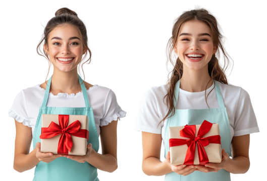 Smiling young woman in a white T-shirt and light blue apron holding a gift wrapped in brown paper with a red ribbon. Bright, joyful expression.  transparent background