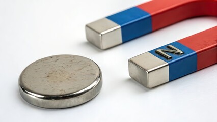 Horseshoe Magnet and Metal Disc on White Background