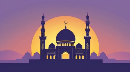 Sunset Silhouette with Iconic Architecture and Crescent Moon