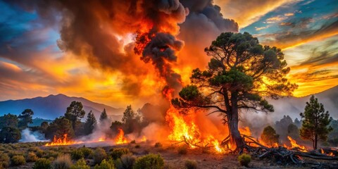 Naklejka premium Fiery Sunset Blaze Engulfs Woodland, Tree in Inferno's Embrace, Smoke and Flames Dance Against Vivid Sky