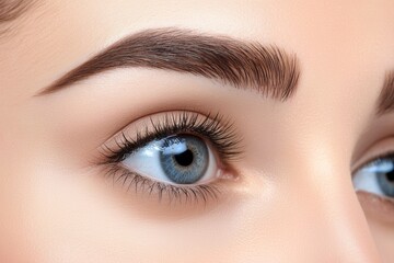 Obraz premium Close-up portrait of a young and sensual model with clean skin, professional makeup, and beautiful green eyes, enhanced with laminated lashes, set against a tropical background featuring fern leaves