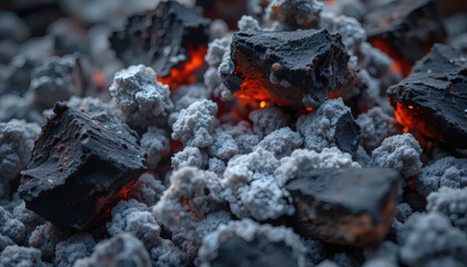 Charred Wood Pieces Surrounded by Ash, Dark Wood Tones Contrasting with Light Gray Ash Residue