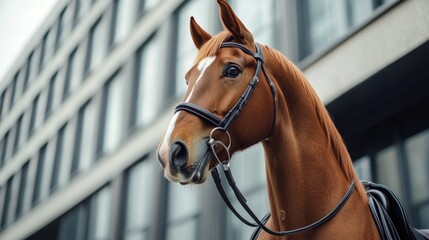 Fototapeta premium Chestnut horse portrait, city backdrop, urban equestrian