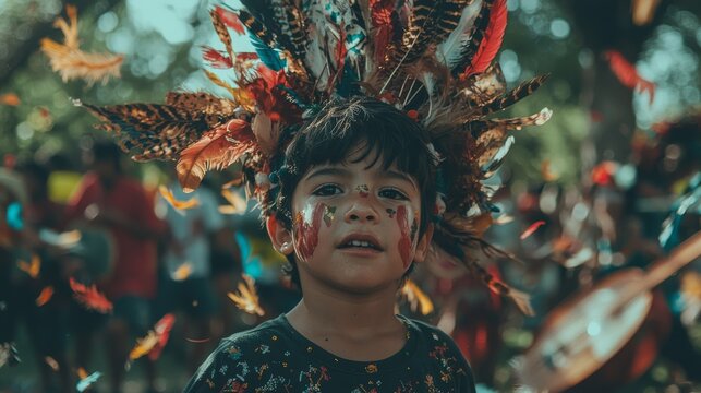 A young Latino male dressed in a traditional Bolivian morenada outfit, complete with intricate masks and beadwork, takes part in a cultural procession, marking the festive ambiance of Hispanic