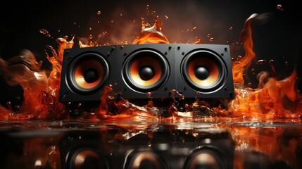 Dynamic Sound Waves Emanating from High-Quality Speakers Surrounded by Explosive Flames, Capturing the Essence of Power and Energy in a Striking Visual Composition