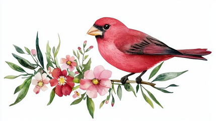 vibrant red bird perched on branch with colorful flowers, showcasing nature beauty