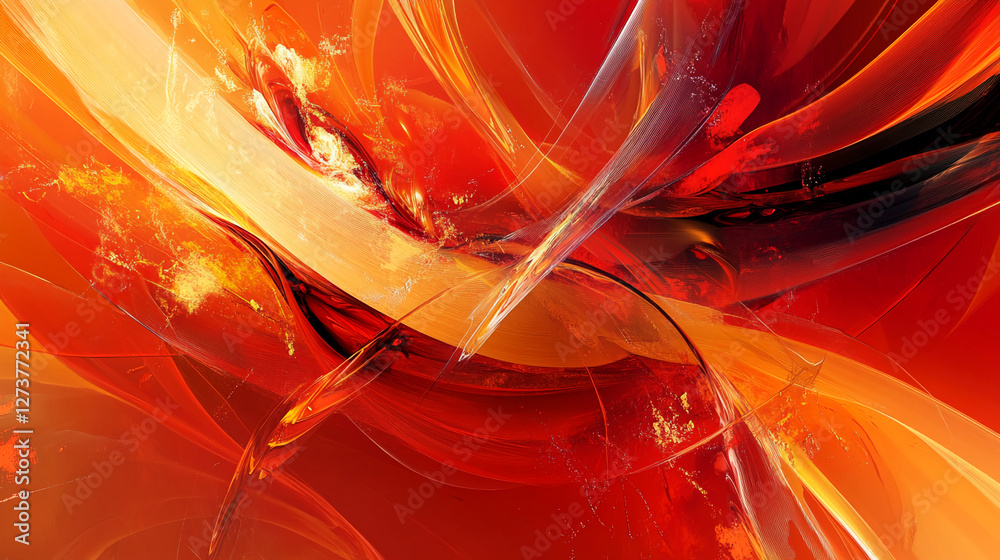 Poster Abstract design of vibrant red and orange fluid colors intertwining with clear streaks, creating a sense of energy, passion, and motion, symbolizing dynamic movement and fire.