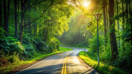 Obraz premium A sunlit winding road through a lush green forest with tall trees and elegant lampposts on a pleasant day
