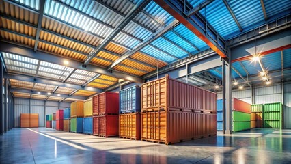 Obraz premium Brightly colored cargo containers inside a spacious warehouse facility with a modern metal roof and excellent lighting conditions